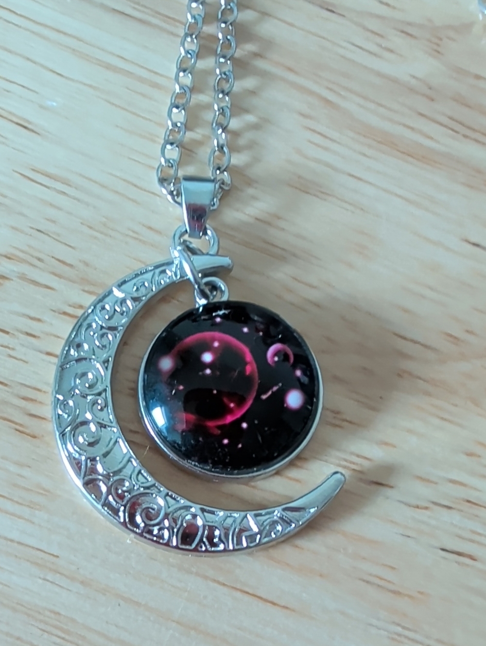 Silver Crescent Moon Necklace with Black and Pink Galaxy Pendant - Picture 2 of 5